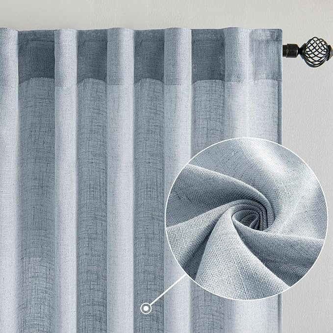 MIULEE Chambray Blue Linen Curtains 90 Inch Long 2 Panels - Image 2