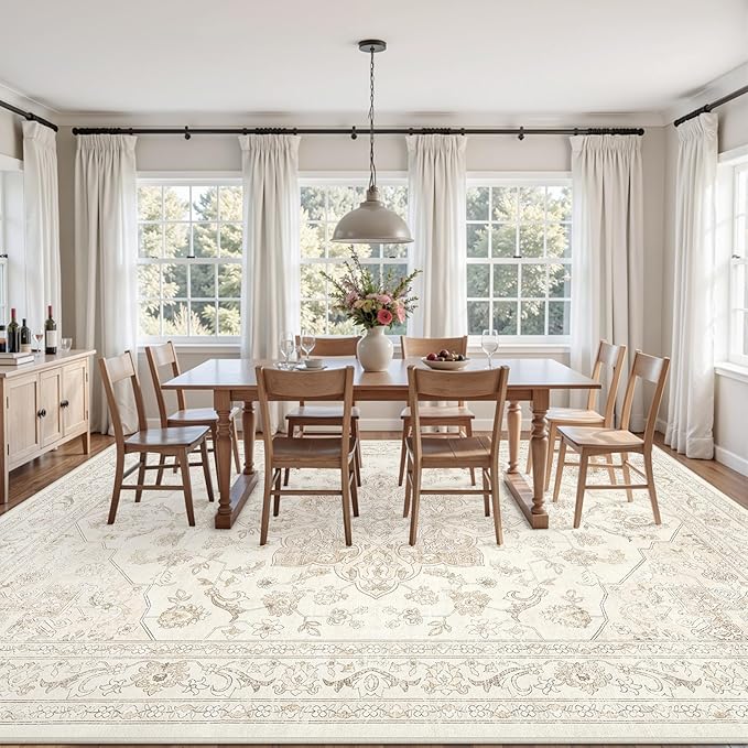8x10 Area Rugs Living Room: Bedroom Washable Carpet Beige White | Vintage Boho - Image 3