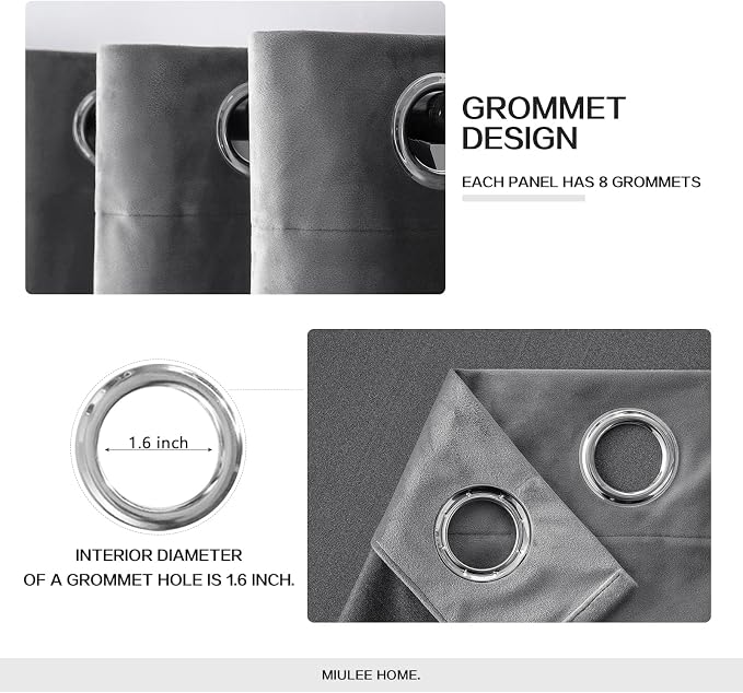 MIULEE 2 Panels Blackout Velvet Curtains Solid Soft Grommet Grey Curtains - Image 2