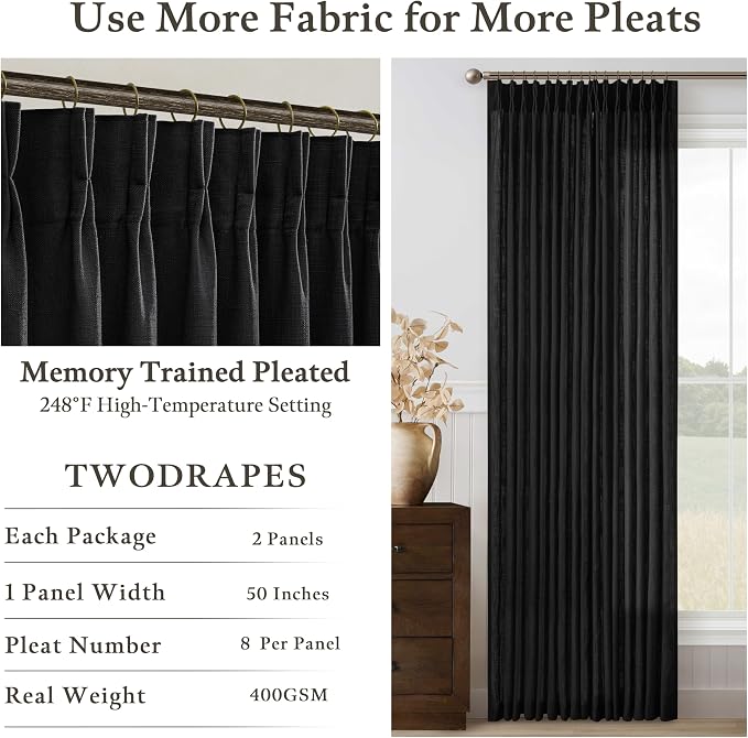 72 Inch Black Linen Blend Pleated Semi Sheer Privacy Curtains 50 Inch Wide | - Image 4