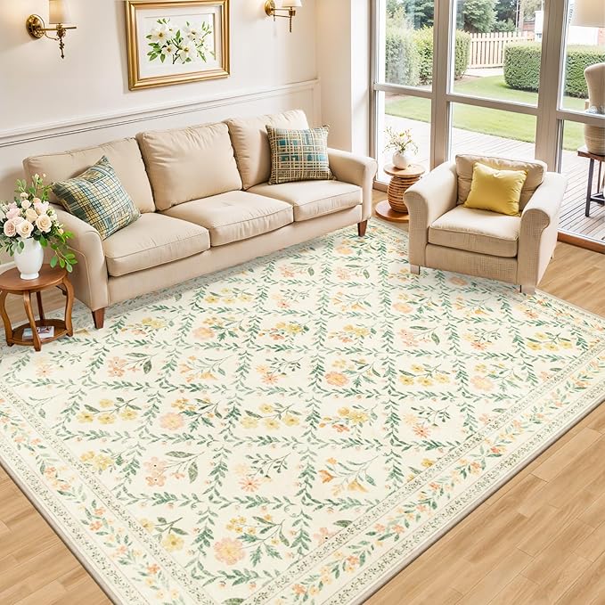 PLHXFR Area Rug Living Room: 4x6 Floral Washable Boho Carpet Beige Multi | - Image 2