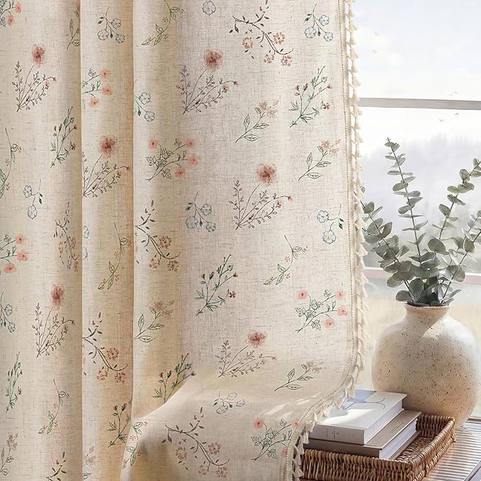 Boho Floral Light Filtering Curtains 84 Inch 2 Panels Linen Texture | Farmhouse - Image 6