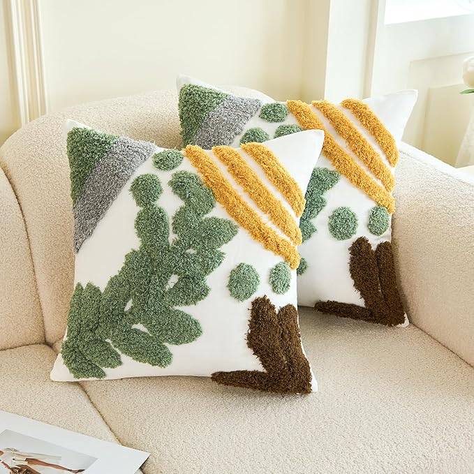 HOdo Home 18x18 Throw Pillow Covers, 2PCS Tufted Boho Jacquard Pillow Covers,Farmhouse Decorative Pillow Cover,Pillow Cases for Couch Sofa Bed Stylish Decor, Simple Textured Cushion Sham