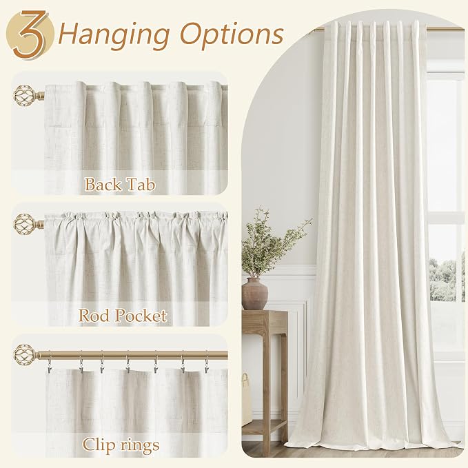 100% Blackout Linen Curtains for Bedroom 94 Inches Long Natural Cream Black Out - Image 5