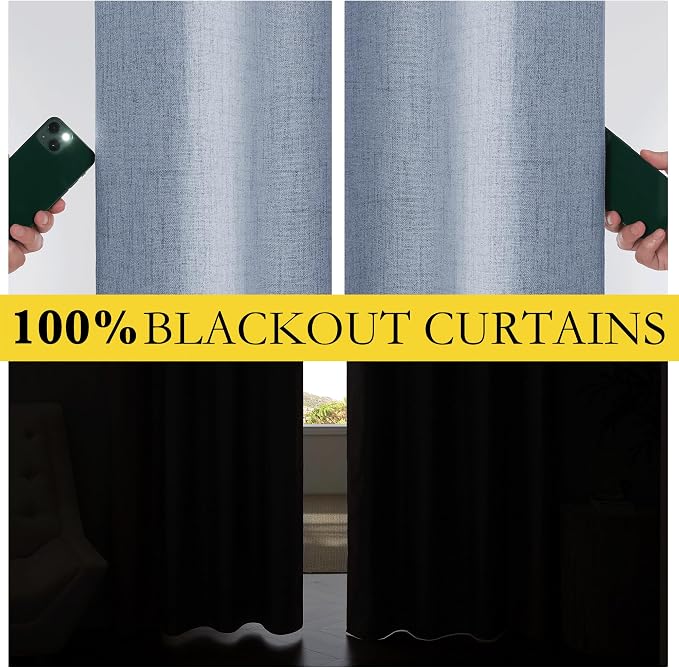 NICETOWN 100% Blackout Stone Blue Linen Curtains 90 inches Length - Image 4