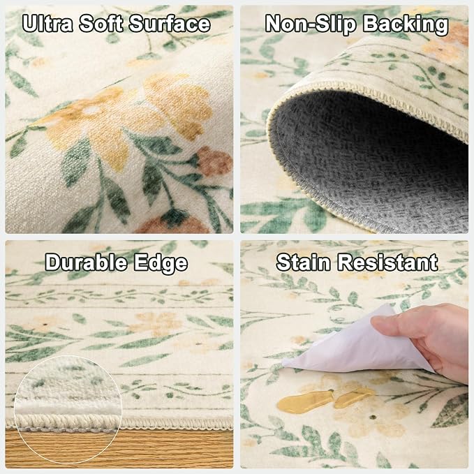 PLHXFR 2.6x8 Washable Runner Rug：Floral Indoor Kitchen Carpet Beige Multi | - Image 8