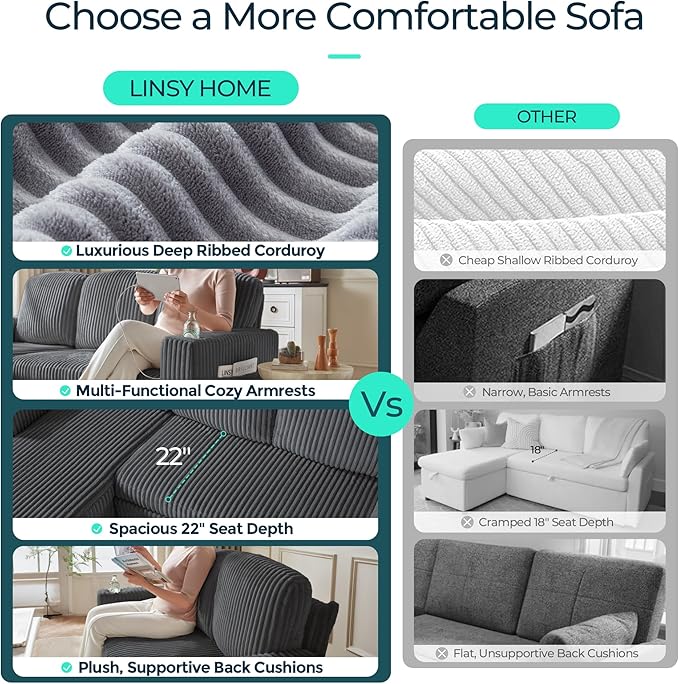 LINSY HOME Loveseat Sofa with Pull Out Couch: 2-in-1 Convertible 2 Seater Sofa Chaise with USB Charging & Cup Holders, Comfy Plush Corduroy Love Seat for Small Spaces Living Room Apartment, Grey