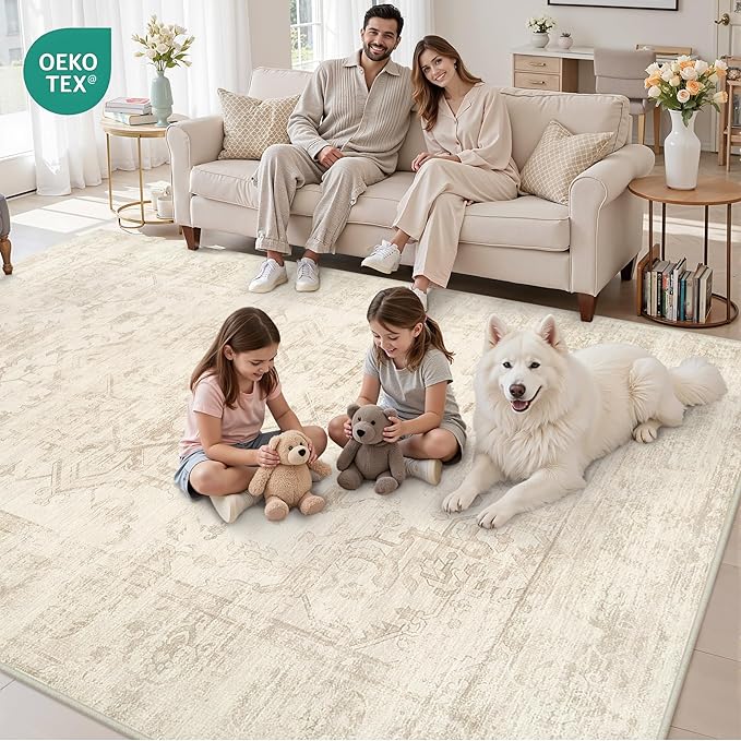 8x10 Area Rugs for Living Room: Vintage Boho Neutral Washable Rug Indoor Soft - Image 7