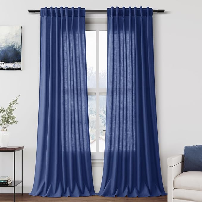 Nanspring Classic Blue Linen Curtains 102 Inches Long Rod Pocket Back Tab by Nanspring