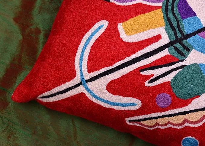 Kandinsky Modern Couch Pillow Cover - Red Painting | Abstract Toss Pillow | Modern Chair Cushion| Contemporary Pillow | Mid Century Chair Cushion | Hand Embroidered Pillow | Wool Size 18x18