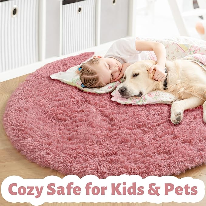 Amdrebio Blush Pink Big Round Fluffy Rug 7Ft - Image 3