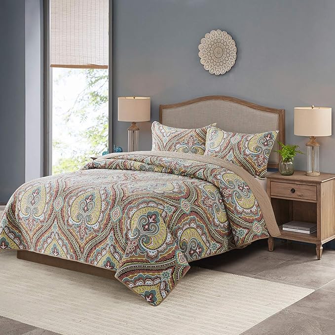 NEWLAKE Cotton Bedspread Quilt Sets-Reversible Patchwork Coverlet Set, European Paisley Blossom Pattern, King Size