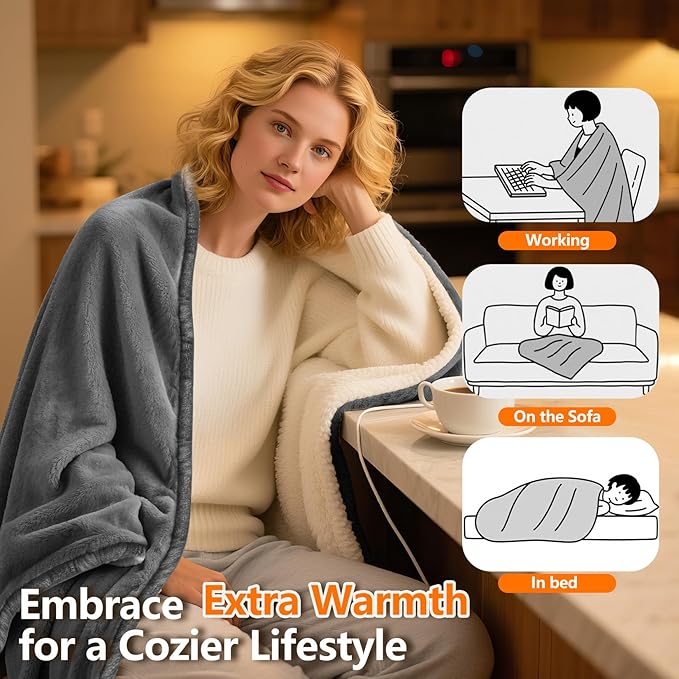 Heated Blanket Throw 50x60, Extra Plush 220GSM Flannel & Sherpa with Child Lock | 6-Level Smart Adaptive Heat & 8Hr Timer | ETL Certified Electric Blanket for Full Body Comfort