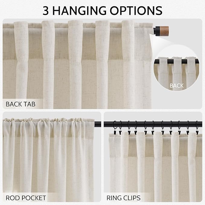 Warm Beige Linen Curtains Semi Sheer 96 Inches Long 2 Panels Set - Image 2