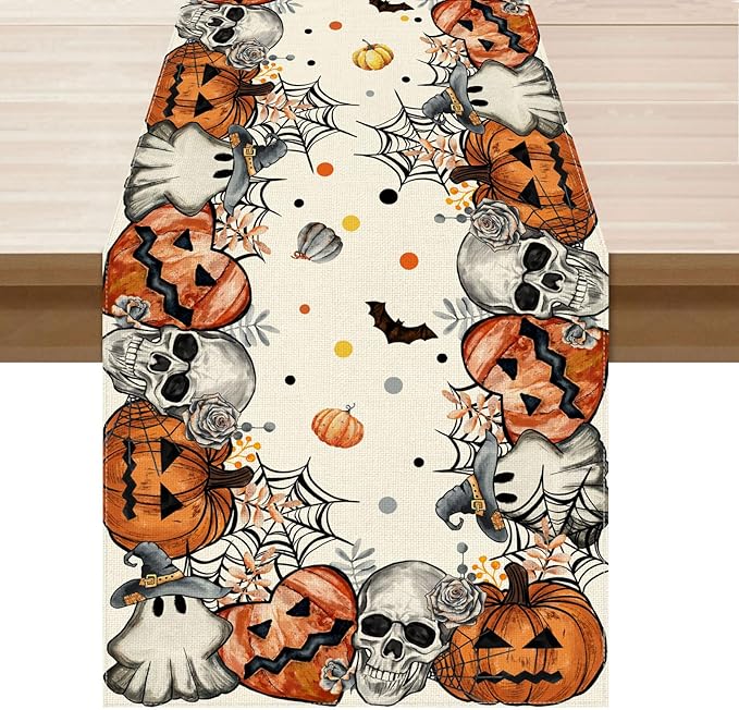 XCHI Spooky Skeleton Ghost Pumpkin Halloween Table Runner Party Table Decoration for Home Kitchen Dining Holiday Decor 13x60 Inch
