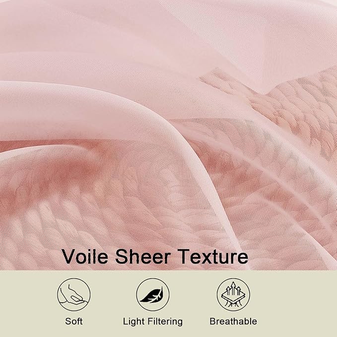 Sheer Blush Curtains for Bedroom Living Room 54 Inch Length 2 Panels Set - Image 3