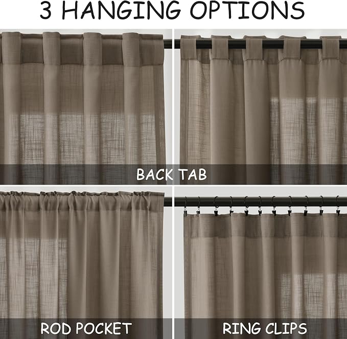 Dark Taupe Linen Sheer Curtains 54 Inch Length 2 Panel Set Back Tab Rod Pocket - Image 3