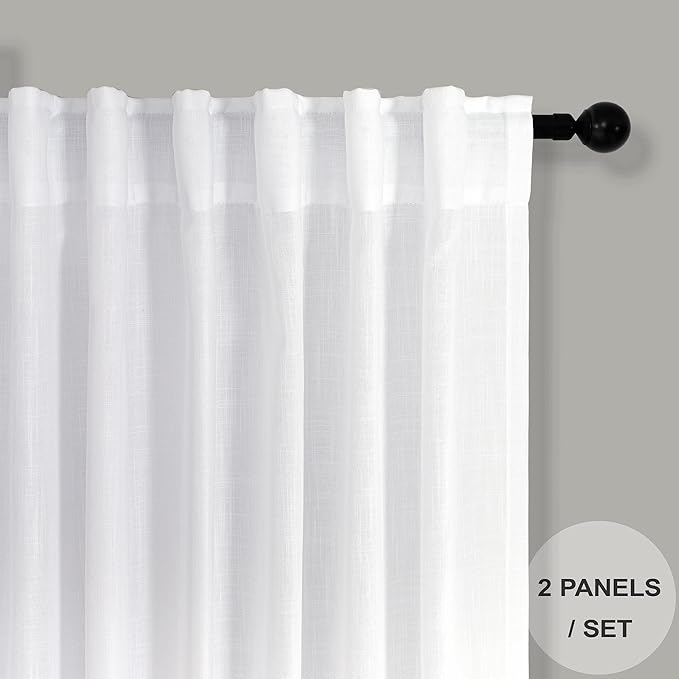 Pitalk White Linen Curtains 92 Inch Length 2 Panel - Image 2