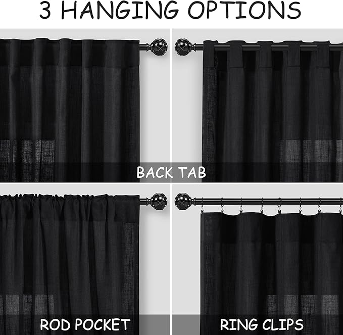 Black 102 Inch Linen Curtains for Living Room Back Tab Rod Pocket Privacy Semi - Image 2