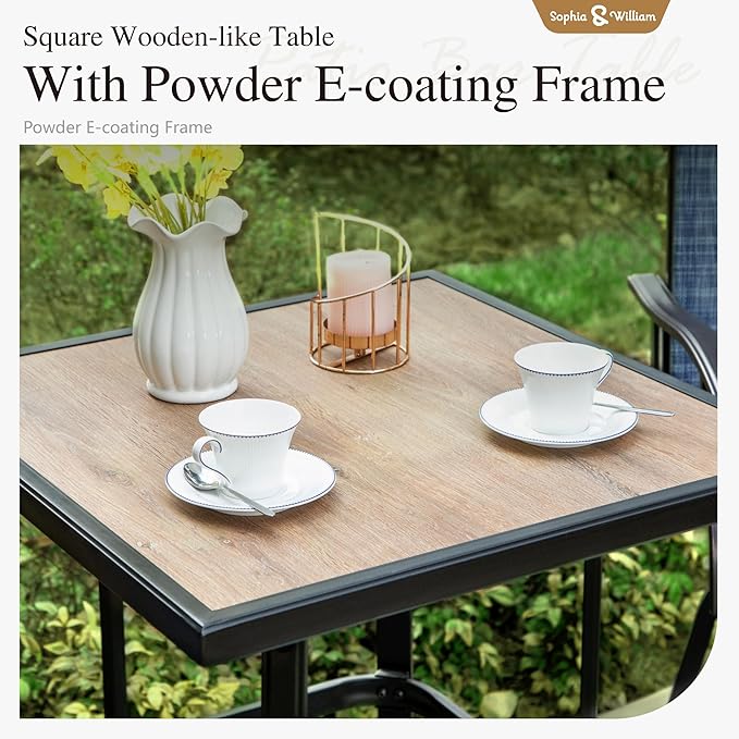 Sophia & William Outdoor Bar Set, Patio Bar Table and Chairs Set, Bar Height Patio Set - 2 x Swivel Bar Chairs(Grey), 1 x Square Bar Table(Wood-Like)