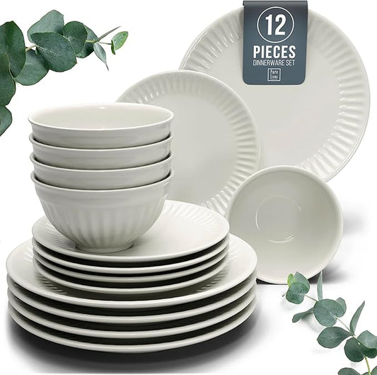 Stoneware Dinnerware Set for 4 People HYGGE 12-Piece - Elegant Scandi Design - Premium Dish Set - Bowl and Plate Set - Tableware for 4 People in a Ribbed Design - Pure Living in Beige