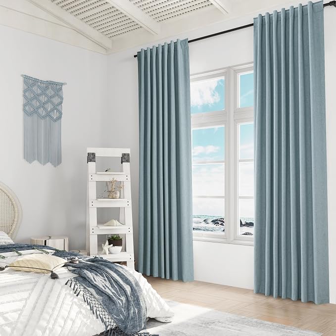 Blue 100% Blackout Linen Curtains 96 Inch Length 2 Panels Set - Image 8