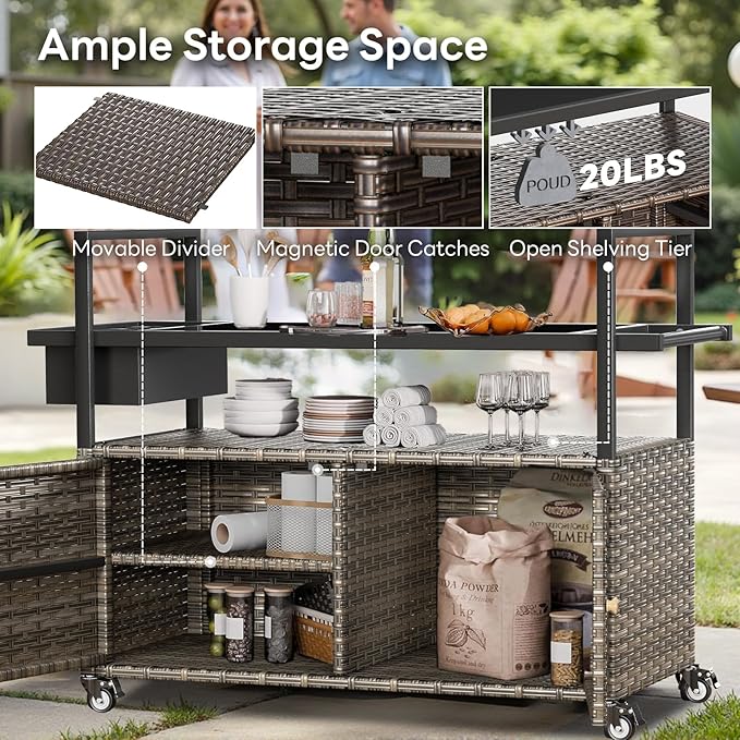 Outdoor Bar Cart with Storage Cabinet, Patio Bar Table with Tempered Glass Tabletop, Outdoor Serving Grill Cart with Rolling Wheels, Rattan Bar Cart for Patio, Backyard, Grey Wicker