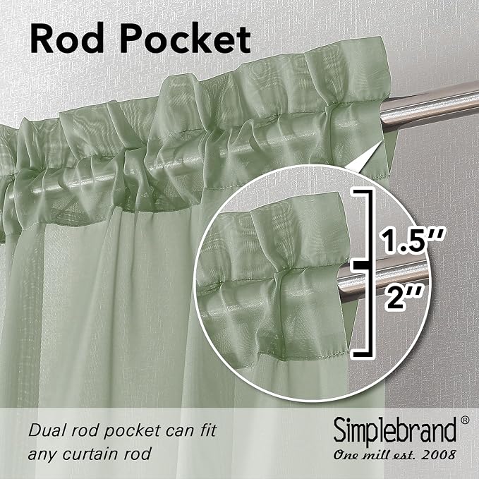 Simplebrand Sage Sheer Curtains 63 Inch Length 2 Panels, Rod Pocket Solid Color - Image 2