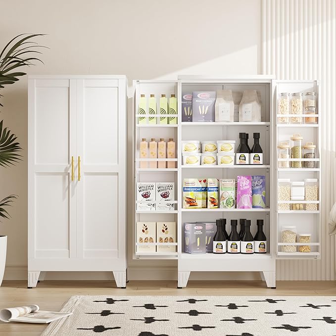 51" Metal Kitchen Pantry Cabinet, Storage Cabinets with 2 Door and 3 Adjustable Shelves, White Freestanding Food Storage Cabinet, Steel Cupboard for Kitchen Dinning Room