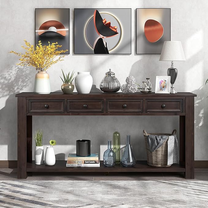 63" Solid Wood Console Table Sofa Table with Storage Drawers and Bottom Shelf,Farmhouse Entryway Table for Hallway Foyer,Sofa Couch Table,Fully Assembled (63" Espresso)