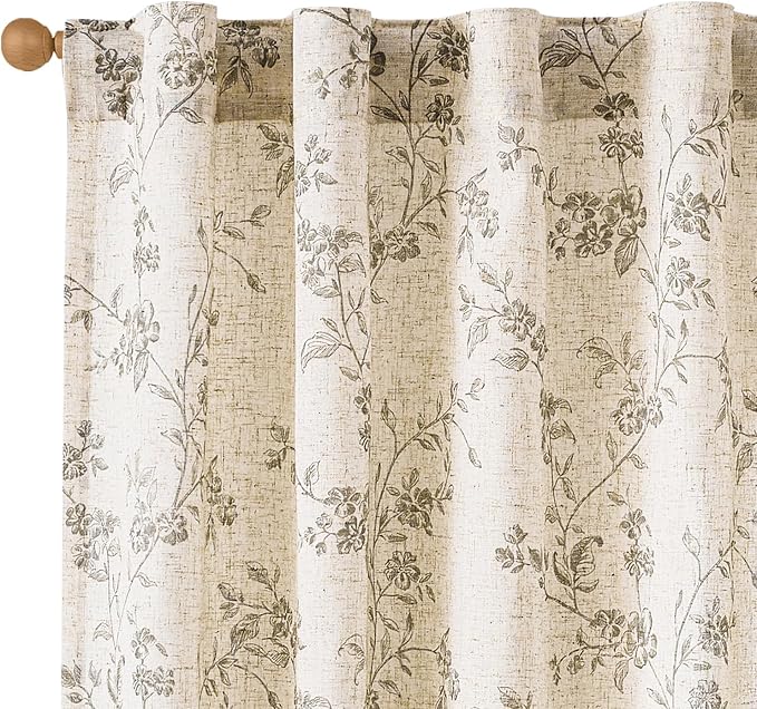 Lazzzy Grey Floral Linen Curtains 96 Inch Farmhouse Back Tab Drapes by Lazzzy