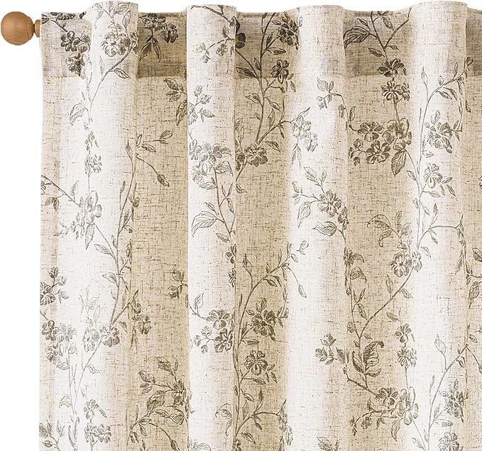 Grey Vintage Floral Linen Curtains Farmhouse 38W X 96L 2 Panels | Elisa Series by Lazzzy