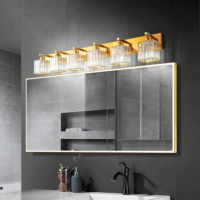 Modern 6-Light Gold Brushed Brass Finish Crystal Wall Light for Bathroom Vanity