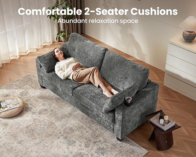 Pull Out Sofa Bed, Full Size Sleeper Sofa, 2-in-1 Convertible Corduroy Couch with USB Charging, Memory Form Couch for Living Room, Apartment and Small Space (Dark Grey, Chenille - Queen Size)