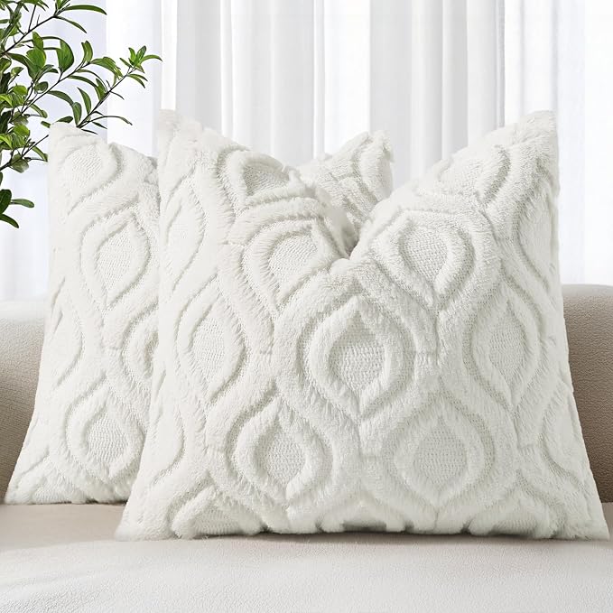 decorUhome Throw Pillow Covers 16x16 Inch Set of 2, Soft Plush Faux Wool Cream by decorUhome
