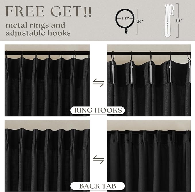 Black Pinch Pleated Linen Semi Sheer 102 Inch Curtains 2 Panels | Light - Image 5