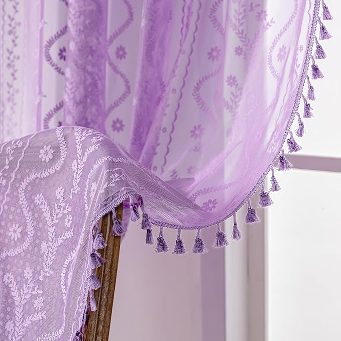 WAZZIO Boho Lace Curtains 84 Inch 2 Panels -Sheer Panel Drape Floral Pattern & - Image 7