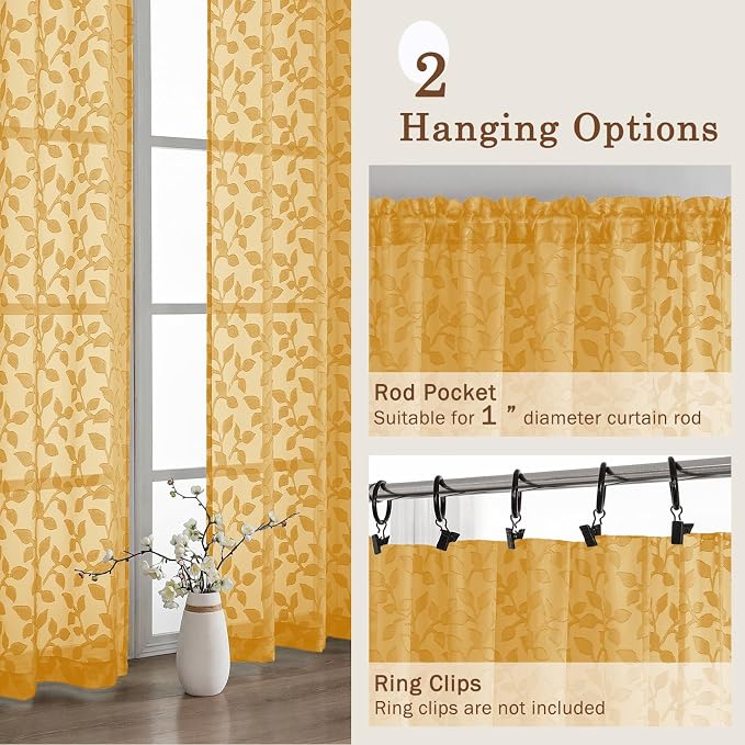 Chyhomenyc Gold Sheer Curtains 36 Inch Length, Light Filtering Leaf Tufted - Image 6