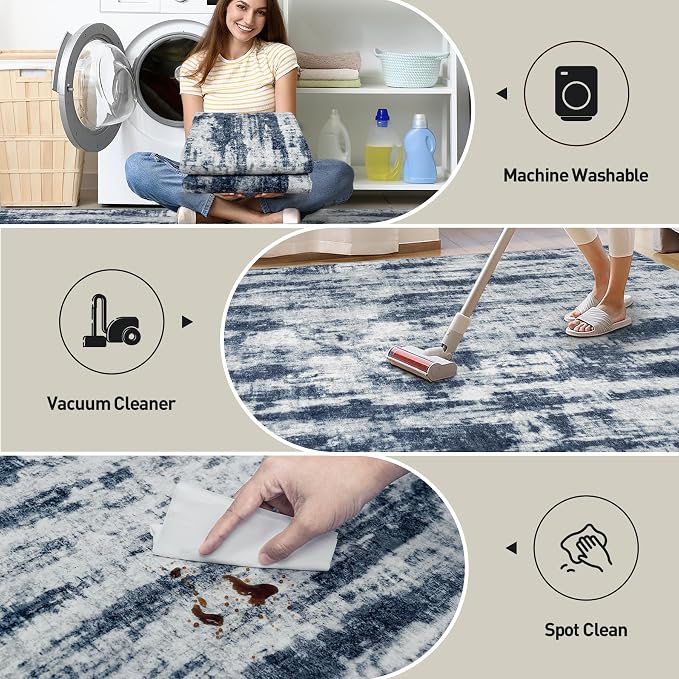 9x12 Area Rugs for Living Room: Washable Abstract Blue Grey Badroom Carpet | - Image 4