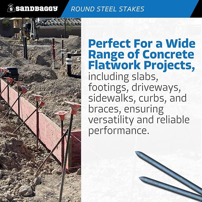Sandbaggy Round Steel Concrete Form Stakes with Nail Holes - Rust Resistant Coating - Removable, Reusable (10, 3/4 in X 24 in)