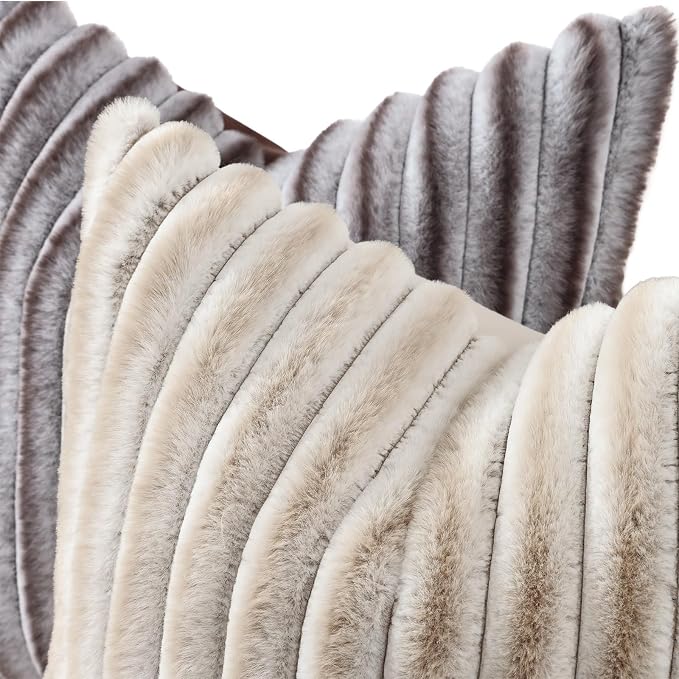 decorUhome Fall Faux Fur Throw Pillow Covers 18x18 Set of 2 Brown White | - Image 2