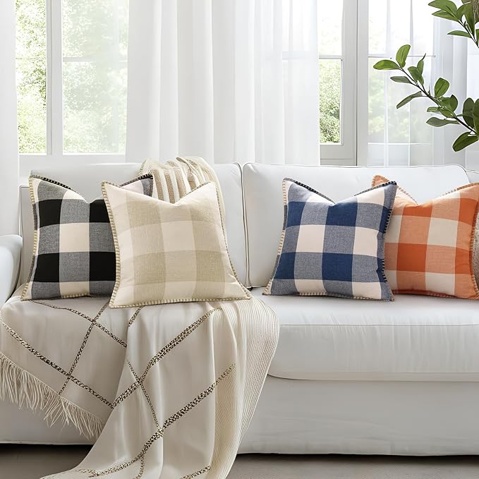 decorUhome Buffalo Plaid Check Throw Pillow Covers 24x24 Set of 2, Outdoor Decorative Farmhouse Neutral Pillow Covers with Stitched Edge for Bed Couch Sofa, Navy Blue and White