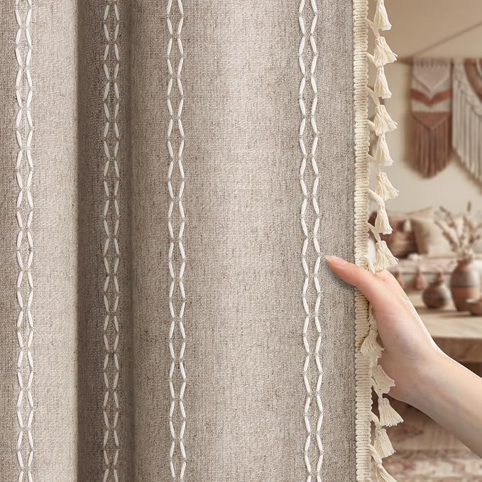 Boho Blackout Curtains 90 Inches Long Brown Linen Blend 2 Panels - Image 2