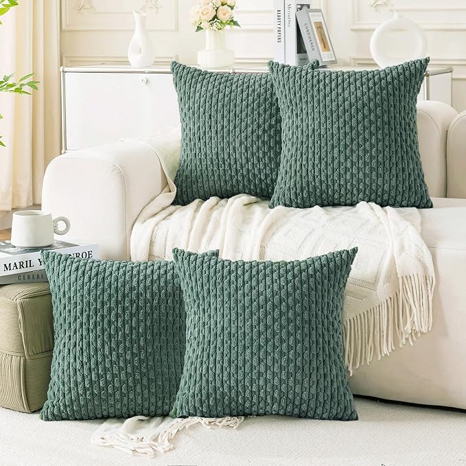 Set of 4 Teal Green Decorative Throw Pillow Covers 18x18 Inch Corduroy Pillow by Cozoomy