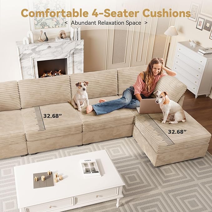 Modular Sectional Sofa with Chaise U Shaped Sectional Couch for Living Room, 5-Seater Comfy Cloud Couches, Plush Corduroy, Beige