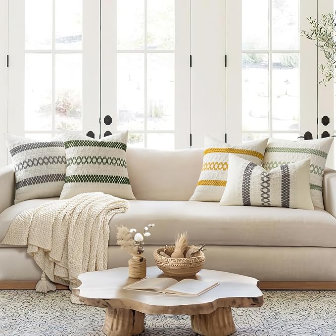 MIULEE Set of 2 Moss Green Boho Decorative Pillow Covers 20x20 Inch | Farmhouse - Image 2