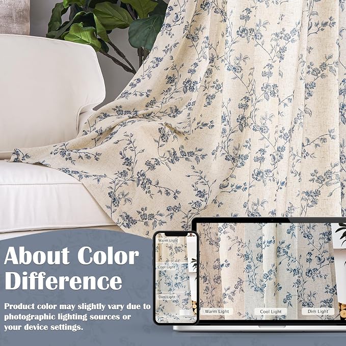 Lazzzy Farmhouse Linen Curtains Blue Floral Curtains 96 Inch Long Back Tab - Image 6