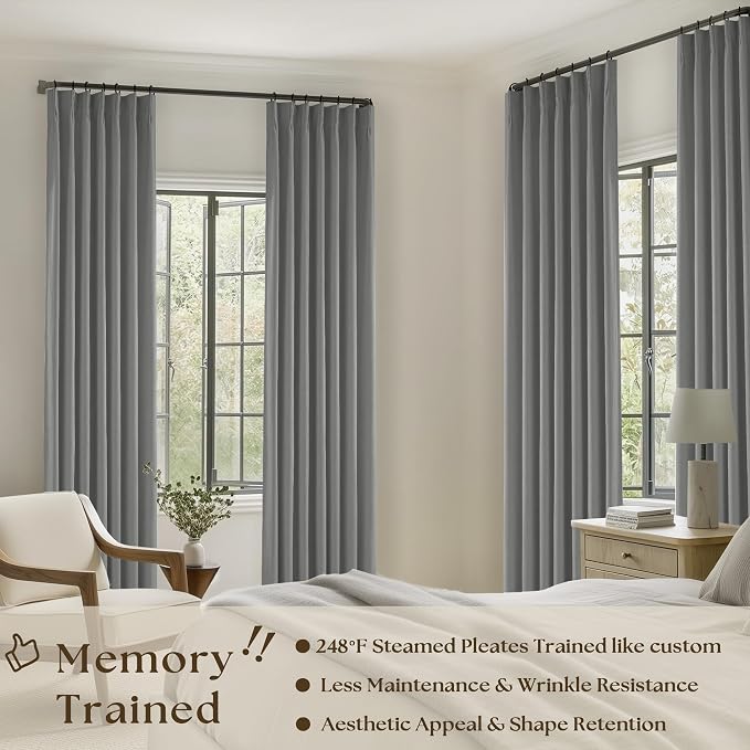 Grey Pinch Pleated 100% Blackout Linen 80 Inch Window Curtains 2 Panels Set | - Image 2