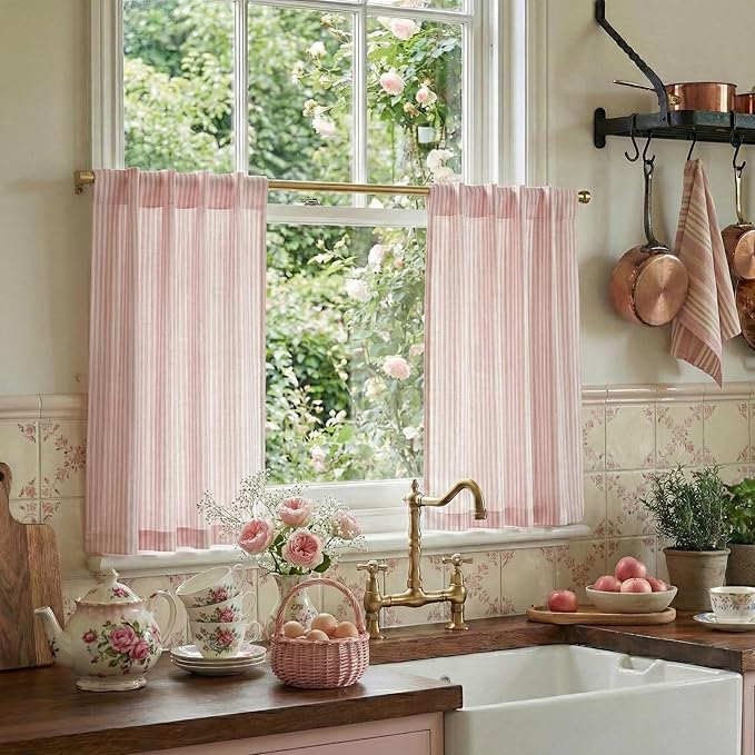 RYB HOME Cafe Striped Curtains for Kitchen Bathroom Small Window, Linen by RYBHOME