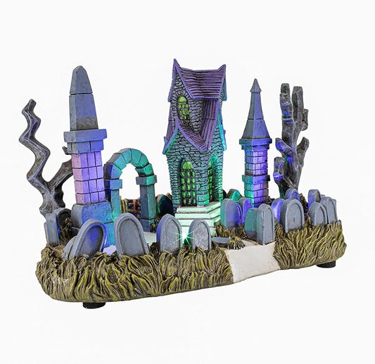 Cemetery Yard Graveyard Grave Theme Spooky Halloween Village Colorful LED Lights 9.25"x 5" x 6.25"